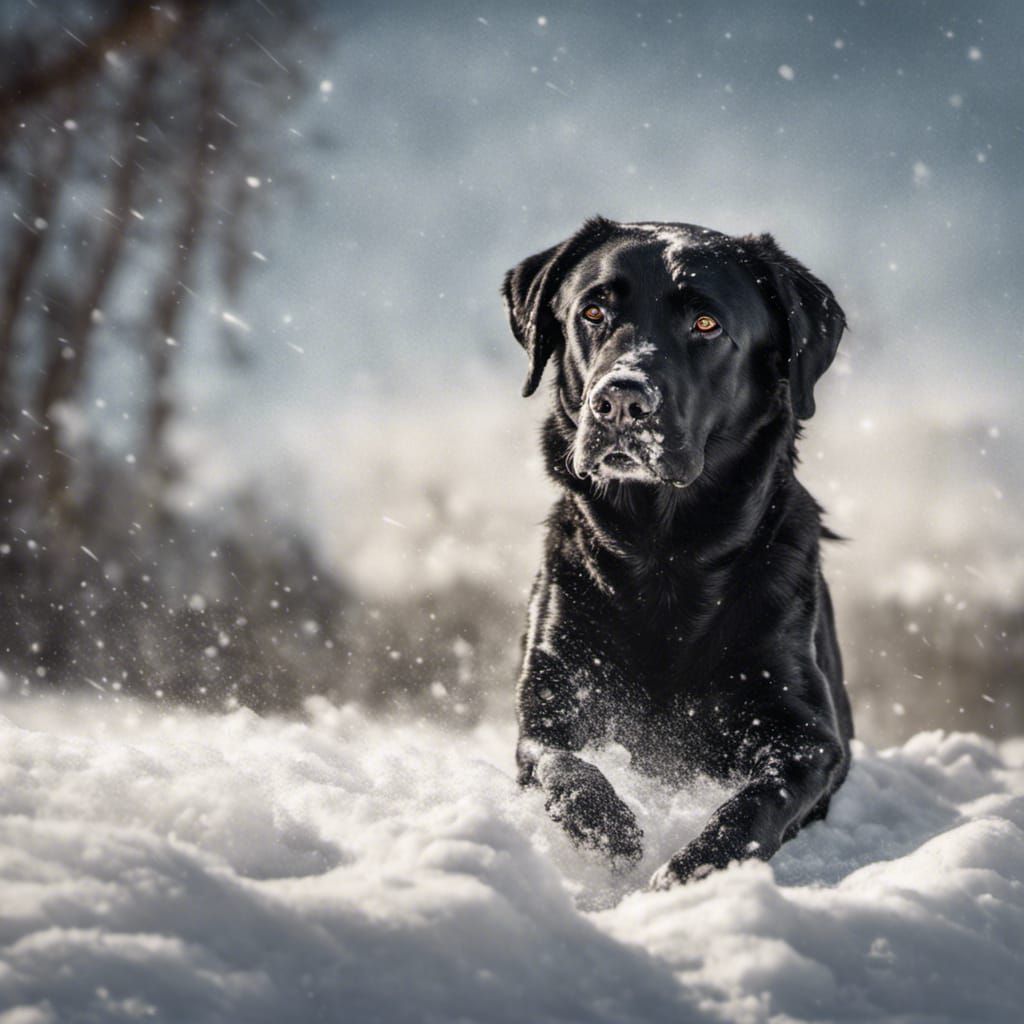 black lab rolling in the snow. intricate details, HDR, beautifully shot