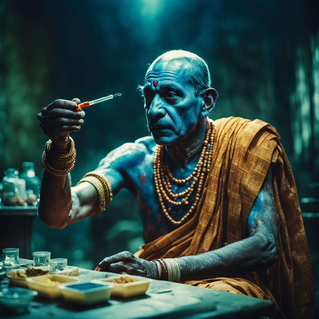 Hare Krishna injects himself with a syringe