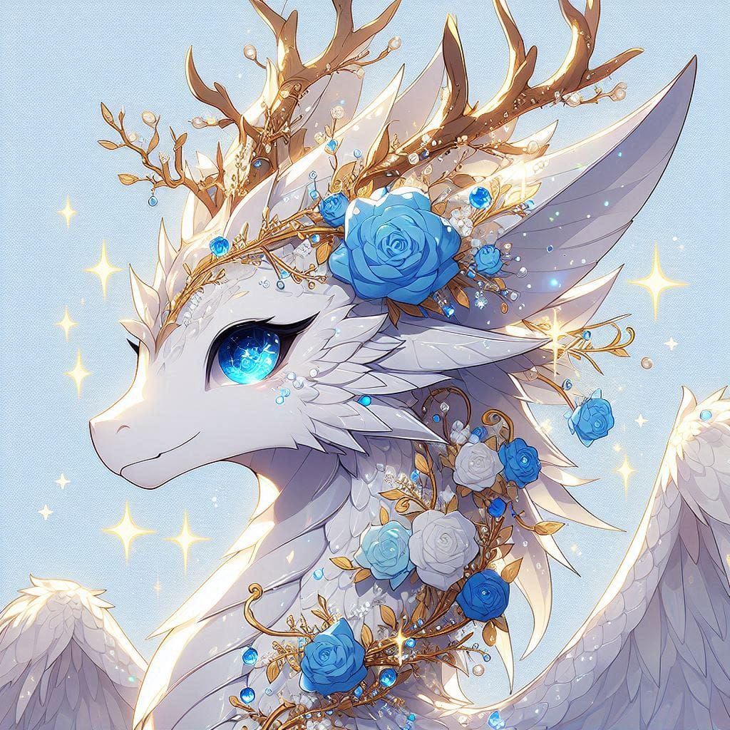 White and gold dragon with golden horns and blue eyes