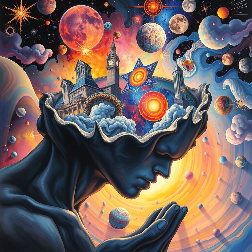 hyperdetailed Metaphysical Painting of mind lost in dazzling color dream   by @Lazy_Apple