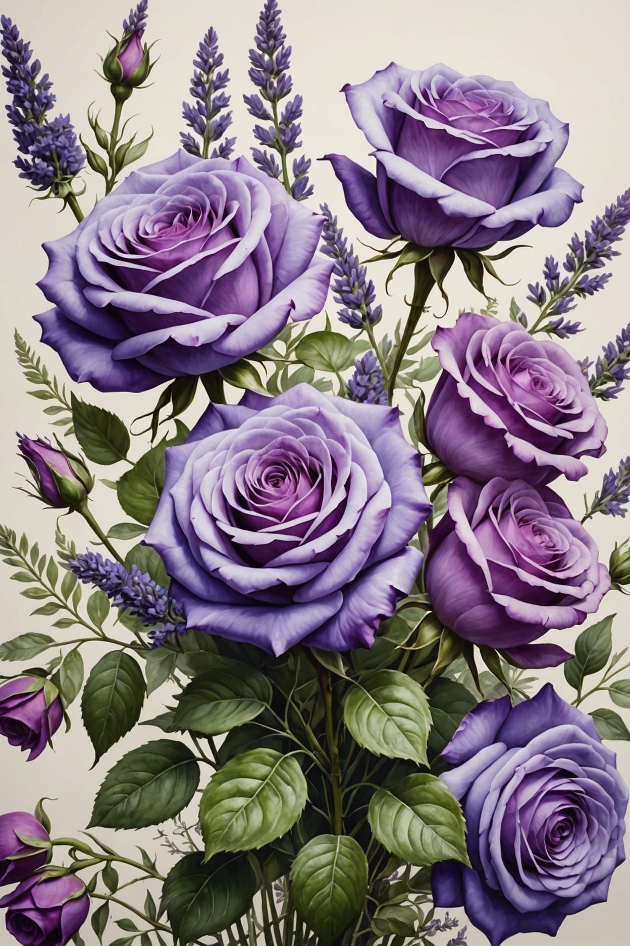 a painting of a bouquet of purple roses and lavender on a white background, realistic flowers oil painting, ...  by @Bunnzo