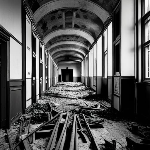 black and white, burned out buildings, empty streets, war to...
