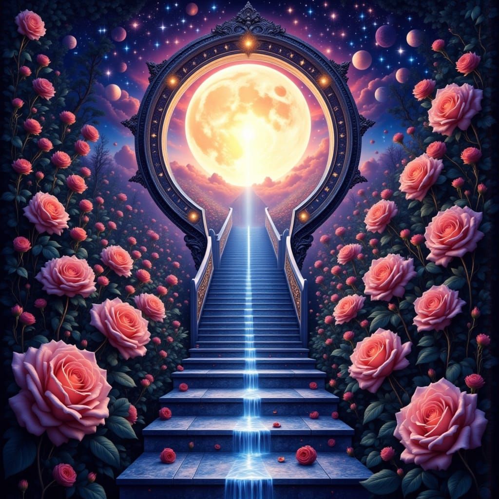 enchanted portal surrounded by roses Abstract <lora:FANTASY PORTALS:1.0> double exposure featuring a majestic Stairway to Heaven ascending t...