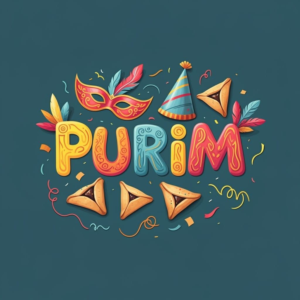 Joyful Purim Celebration in Whimsical Folk-Art Style