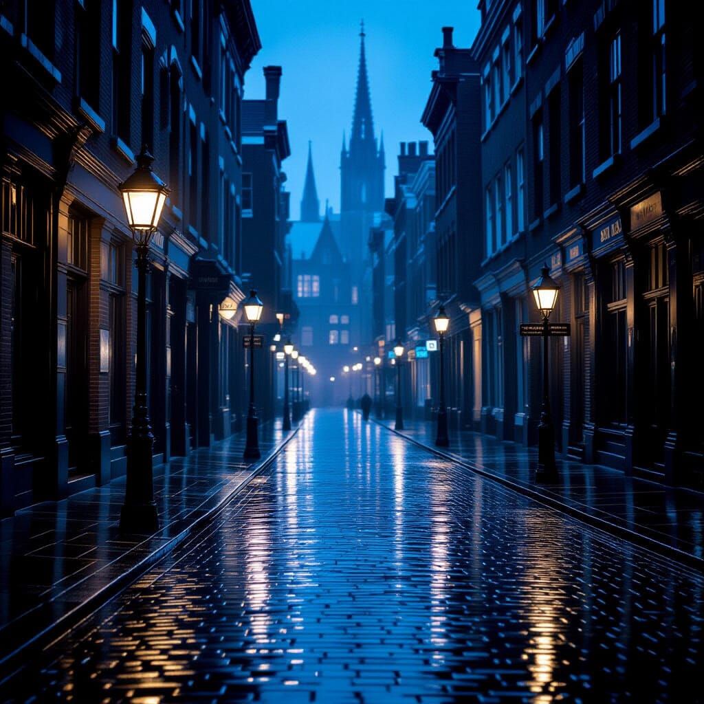 Rainy City Street at Night in Film Noir Style