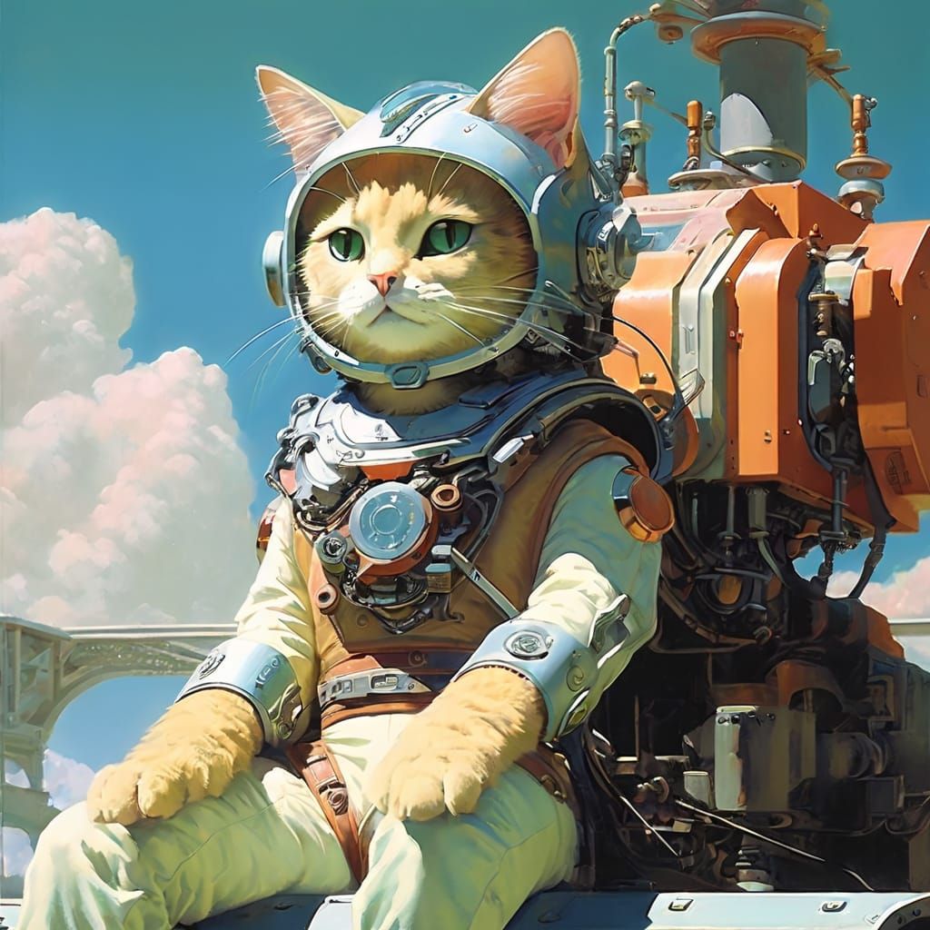 A wondrous solarpunk mechanical cat robot