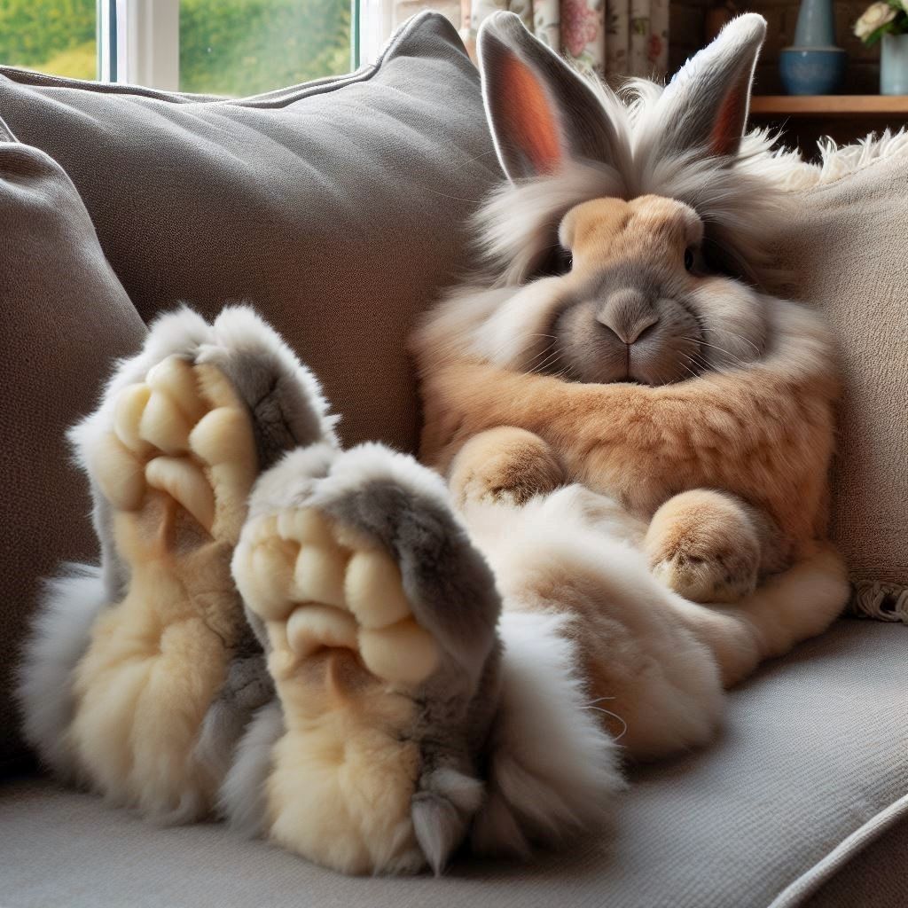 Flemish Giant relaxing on a sofa