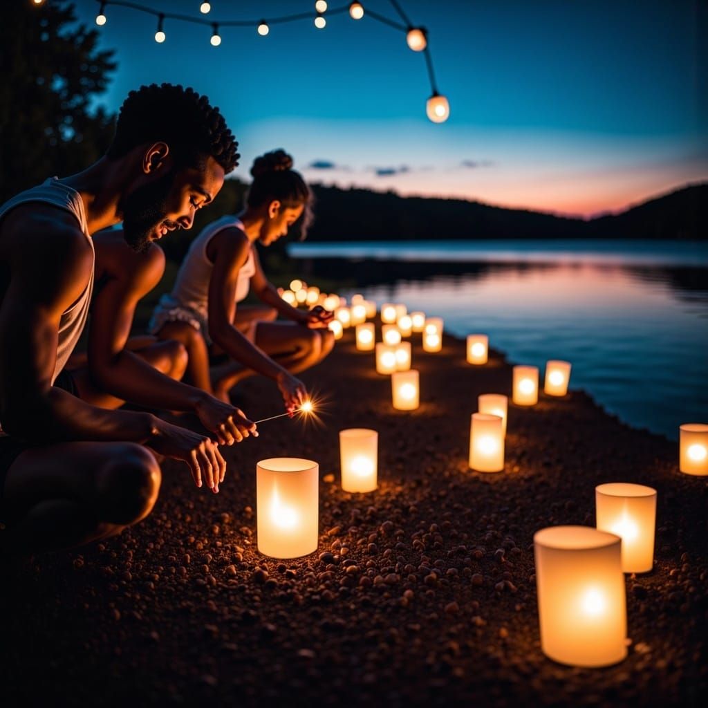 <lora:Rama FL:1.0> Friends lighting lanterns by a lakeside at dusk, the glowing orbs floating into the sky as laughter echoes across the wa...