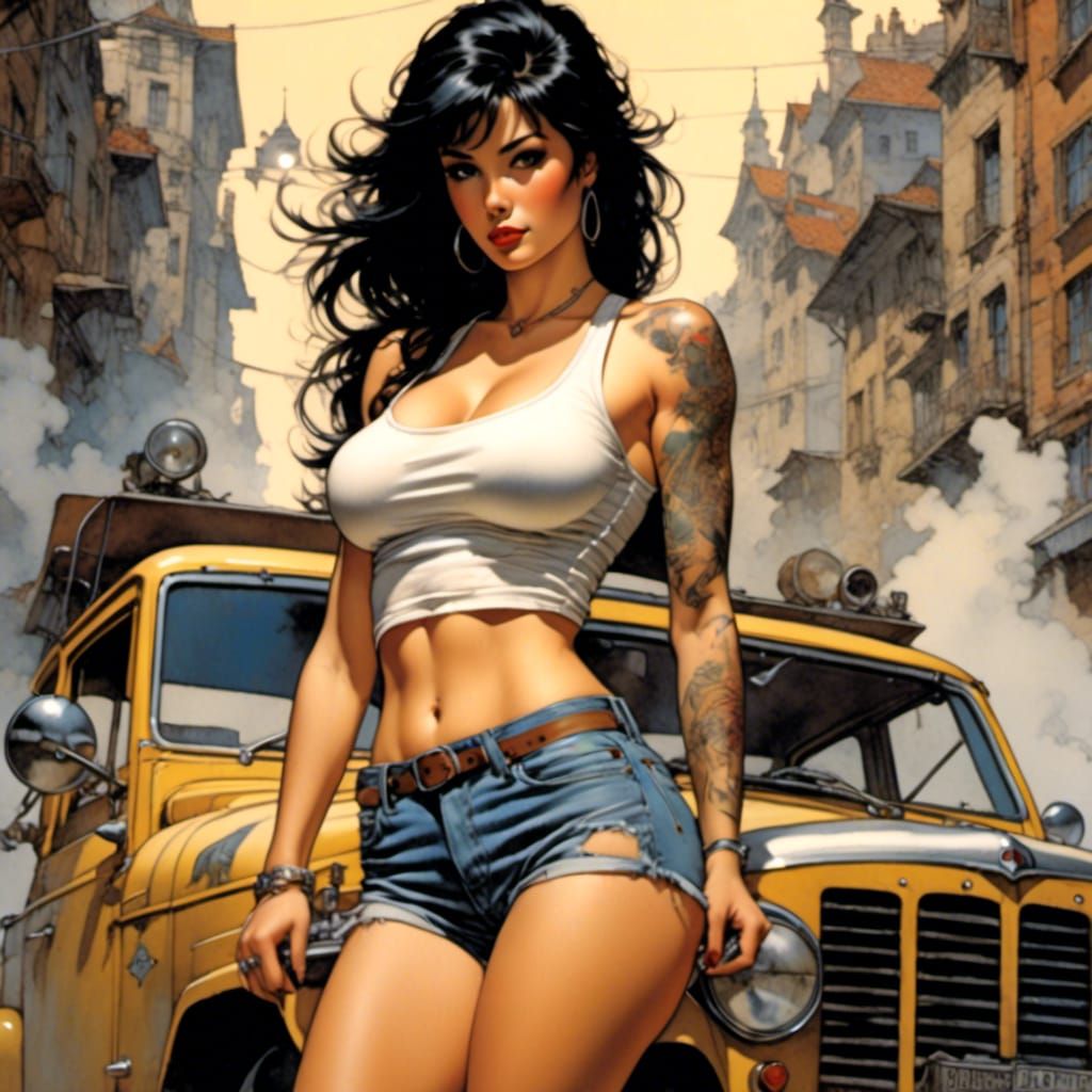 gorgeous tattoed blackhaired girl in hot pants and tank top <lora:Watercolor Comic:1.0> sharp conturs, 8k resolution
