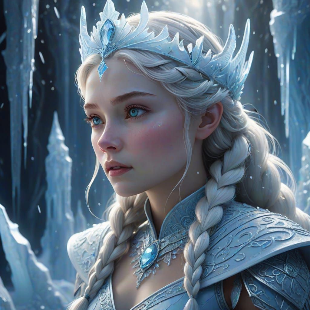 The queen looks at the camera and smiles, her eyelids open and close, then her eyes emit a white light, snowflakes falli...