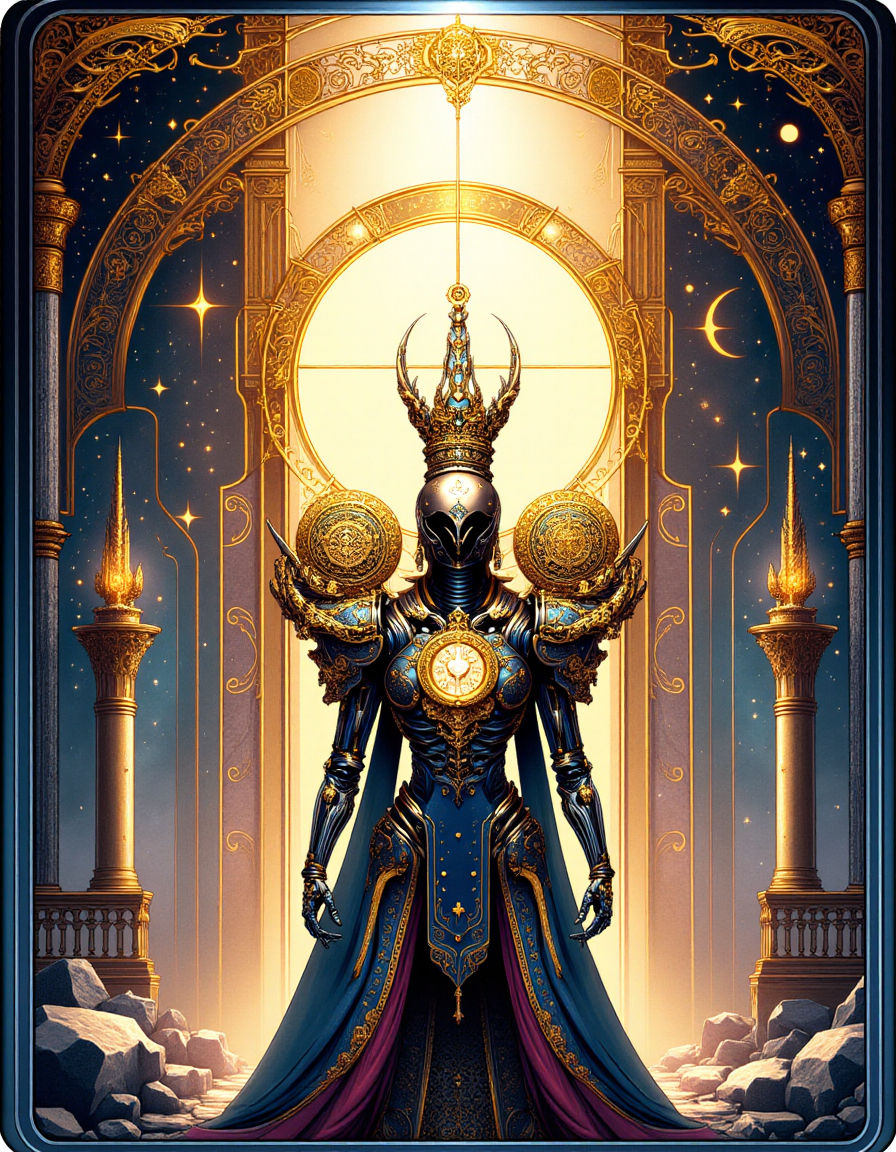 A majestic cyborg warrior, adorned with intricate golden fil...