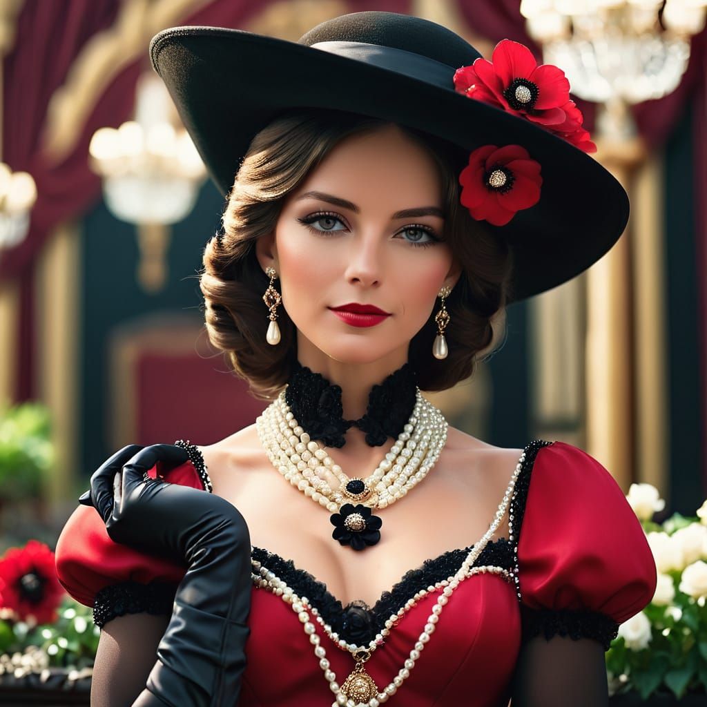 a female aristocrat wearing a large, black wide-brimmed hat ...