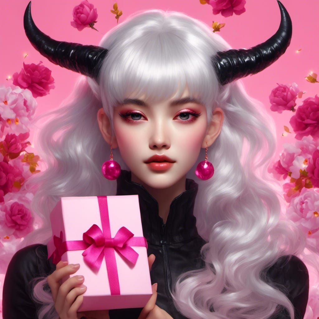 <lora:NC Hyperreal:1.0> Girl with black horns and white hair...