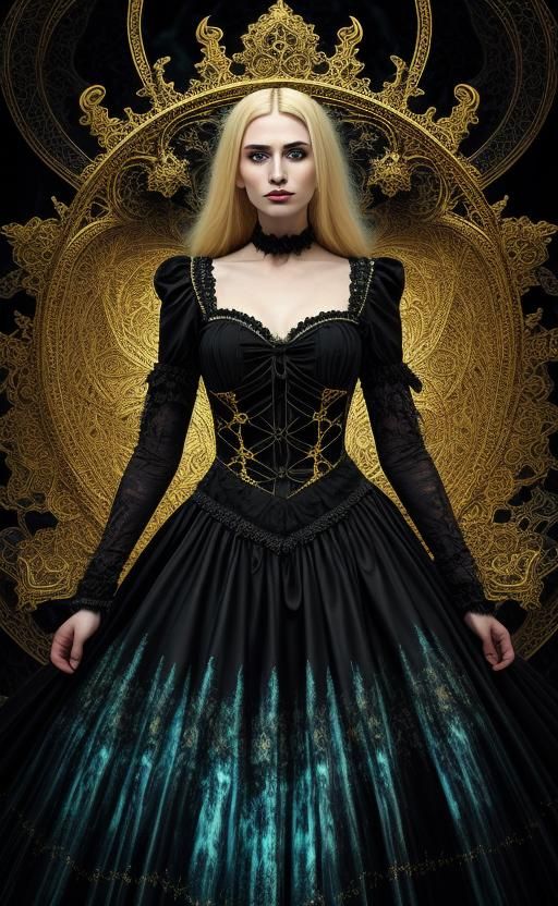 A beautiful blonde girl, skinny and curvy, in a black gothic fancy dress. The background is all fractal hyperspace with ...