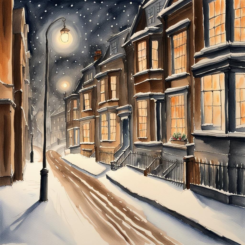 Victorian London Winter Night in Watercolour