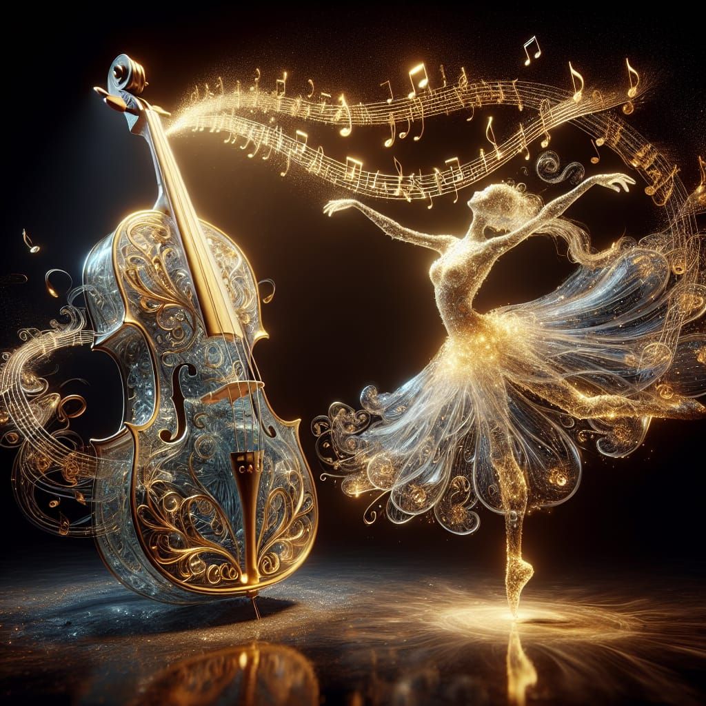 Depict an intricate cello, meticulously crafted from crystal-clear glass and decorated with gold, in an ethereal dimension where sound takes...