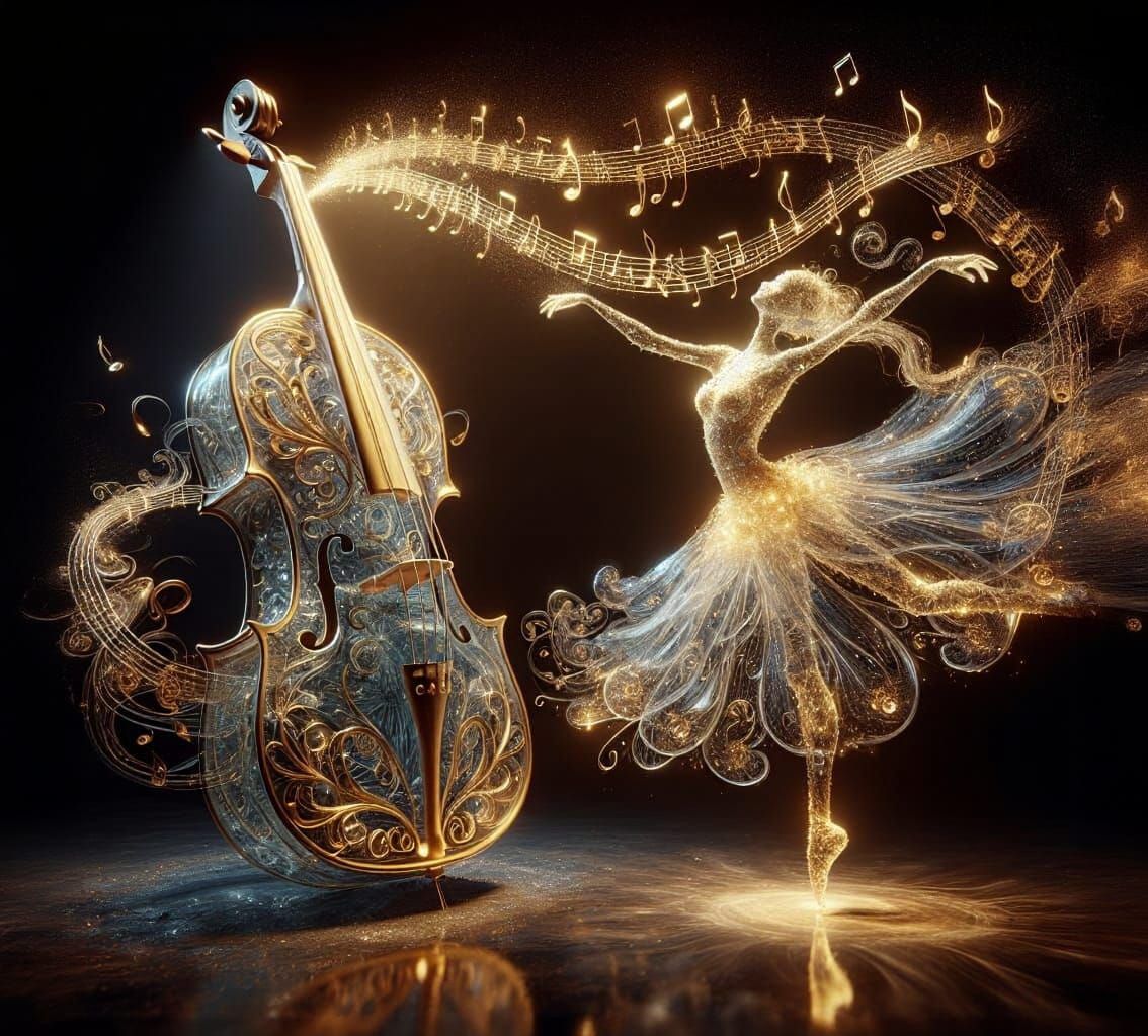 Depict an intricate cello, meticulously crafted from crystal-clear glass and decorated with gold, in ...  by @Spearmint