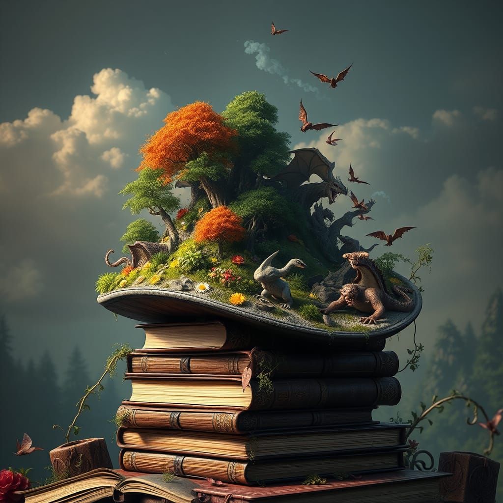 A fancy top hat made completely of a stack of books, on top of the books there is a fantasy forest with mythical creatures in it