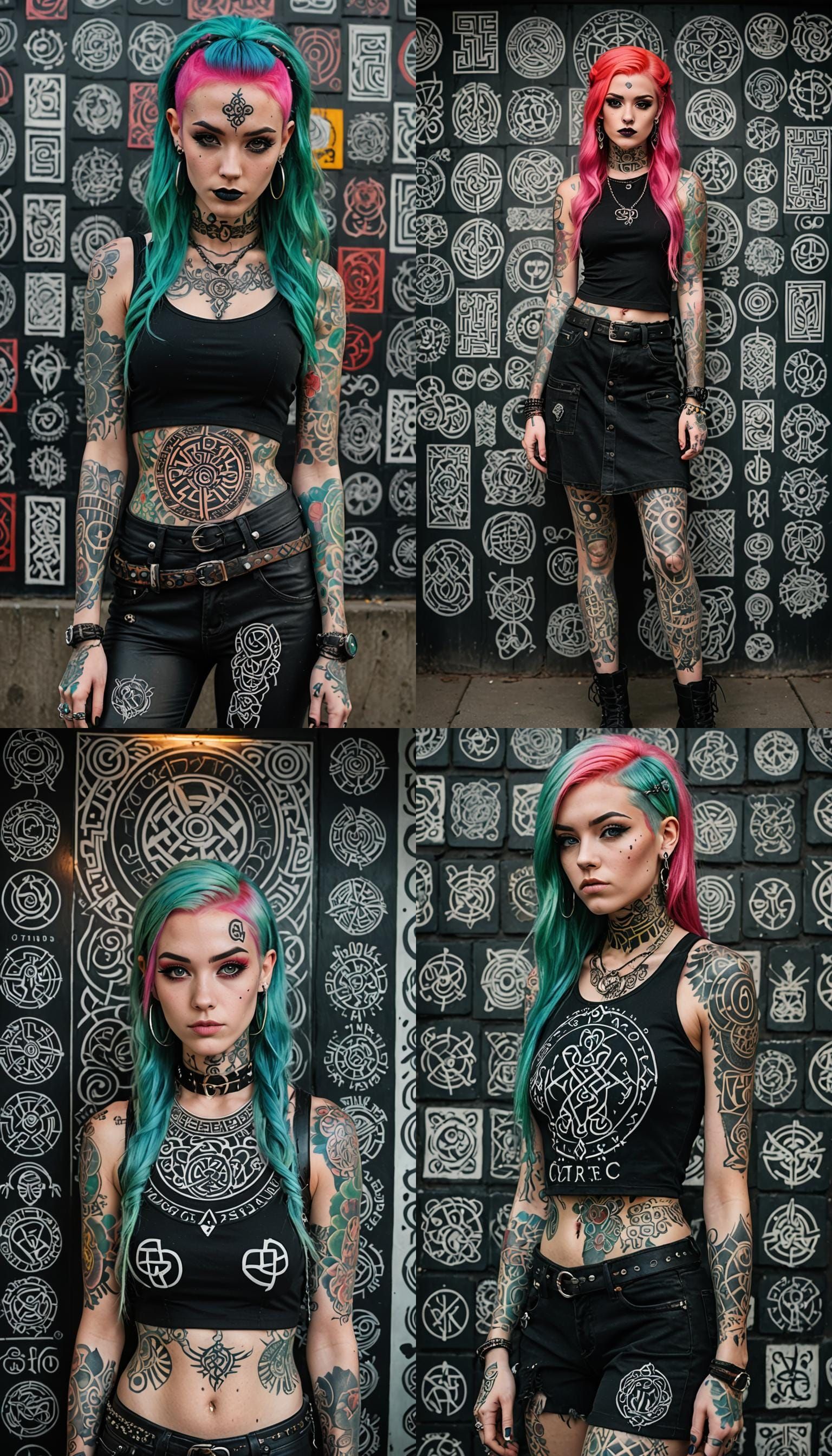 A tattooed woman with bright hair and dark clothes