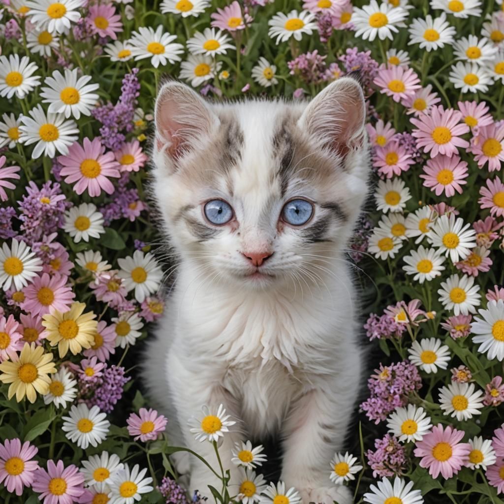 White kitten huge blue eyes half his face and one ear Black ...