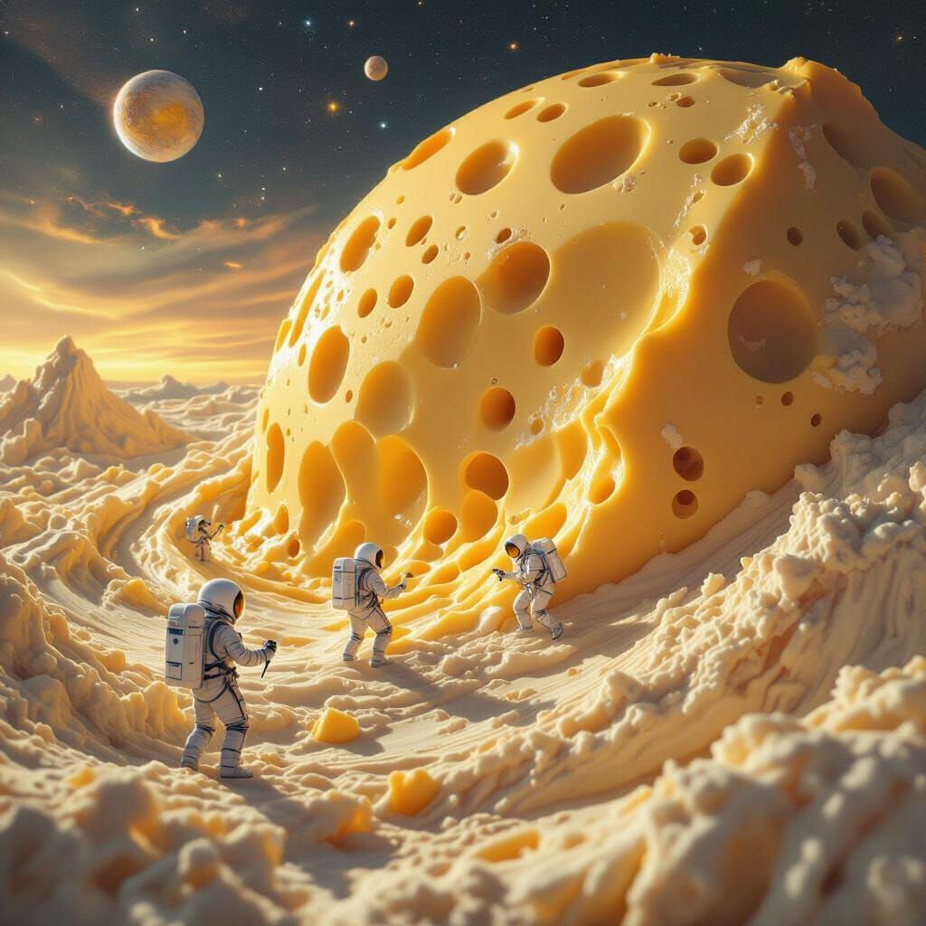 Cheese dreamscape. Extreme close-up. A colossal cheese planet drifts through the cosmos, its surface ...  by @Olst