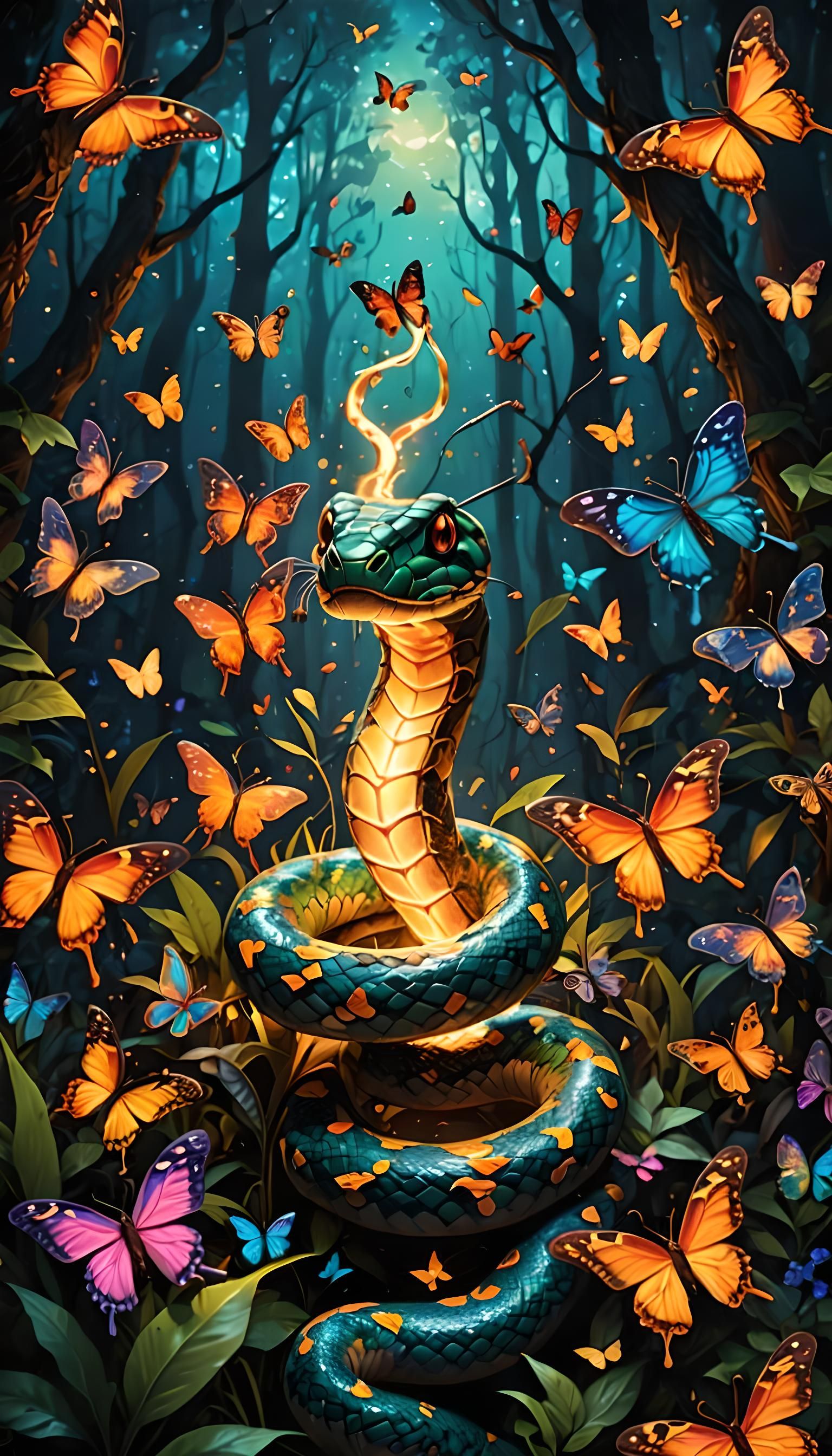 the silhouette of a snake in a forest of magical butterflies...