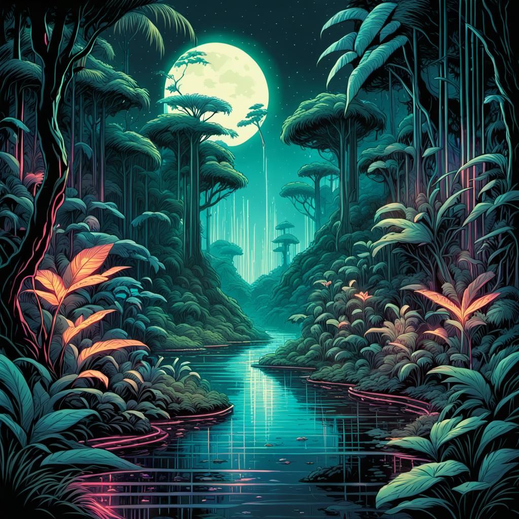 A neon-lit jungle with glowing flora and fauna, where the trees are ...