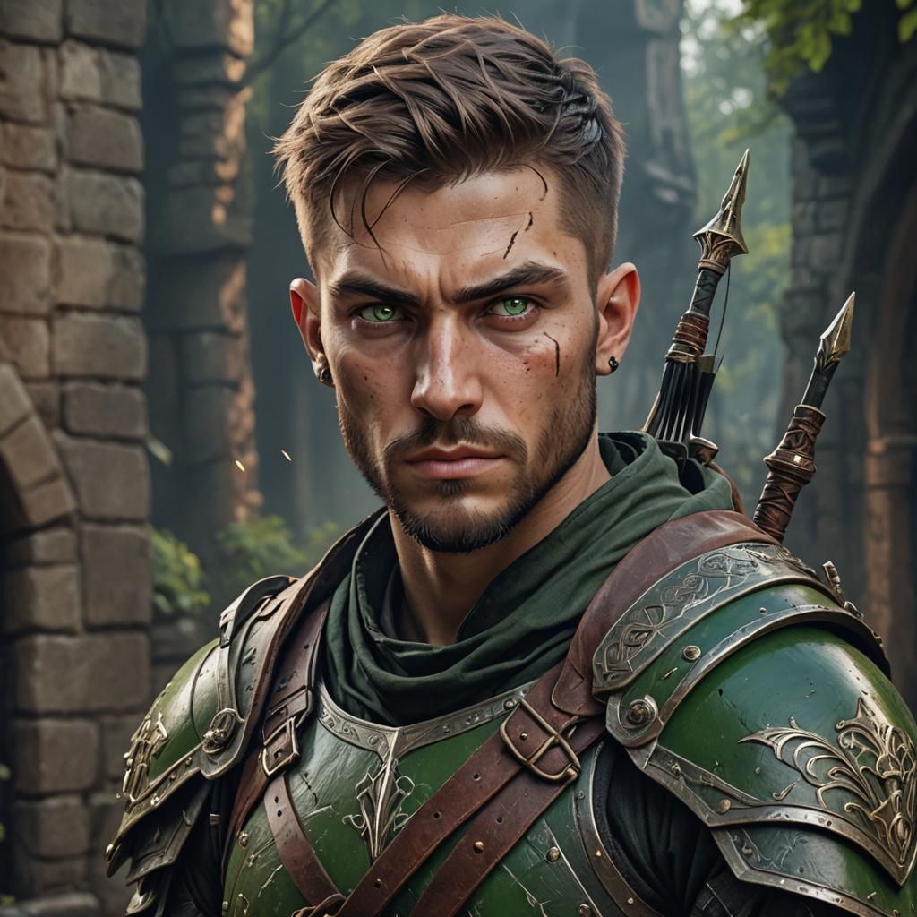 Portrait Of A Human Rogue With Green Eyes And An Undercut. Hes Wearing 