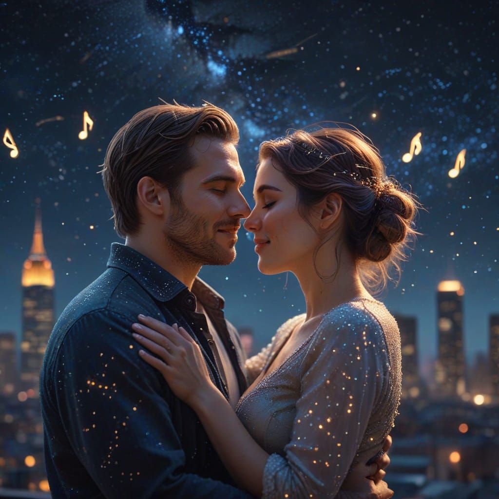Couple Embraces Under Starry Night Sky in Romantic Digital A...