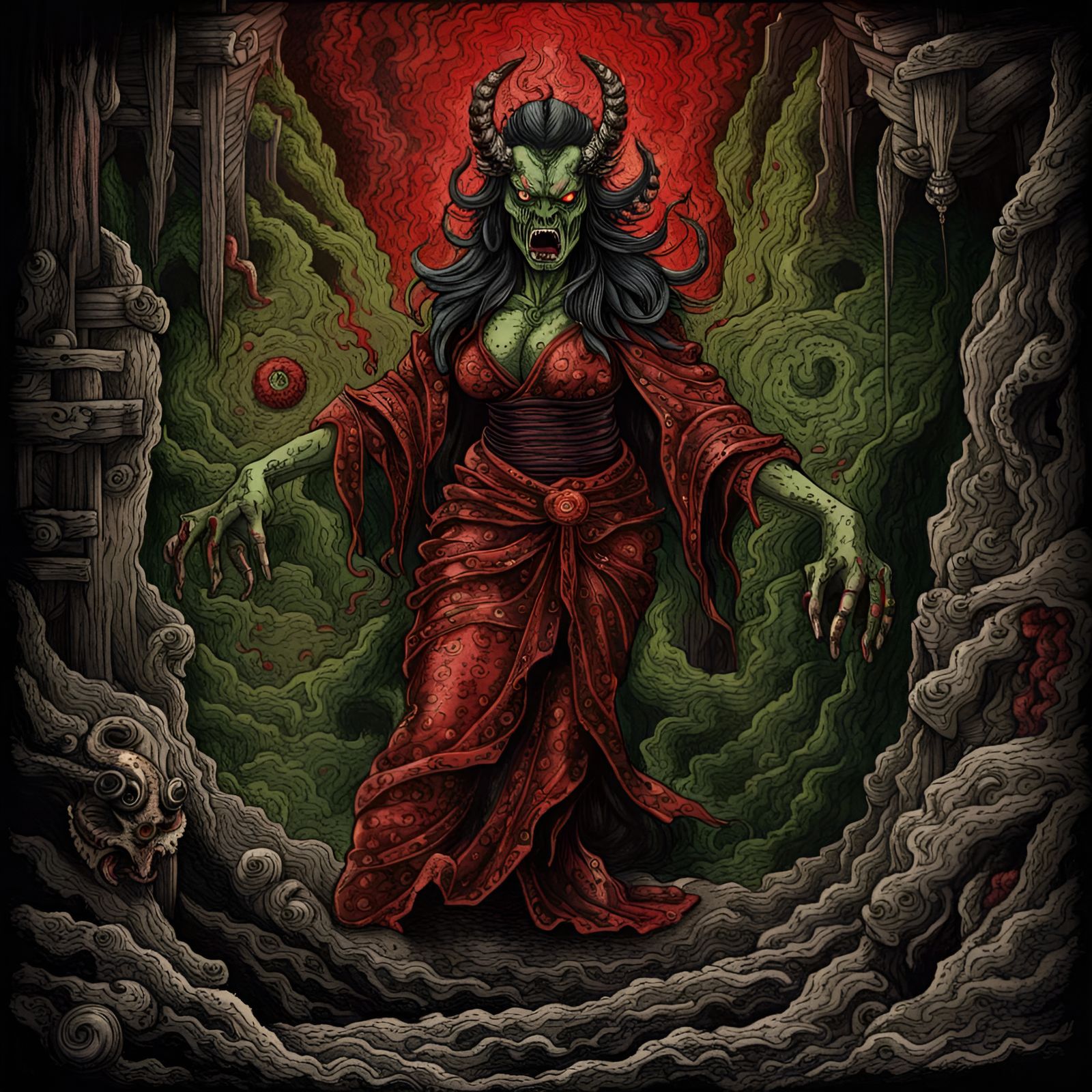 Evil red green bloody wood block print traditional Japanese ...