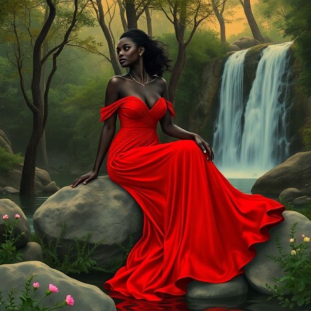 BLACK QUEEN DRESSED IN A RED EVENING DRESS SITTING ON ROCKS ...
