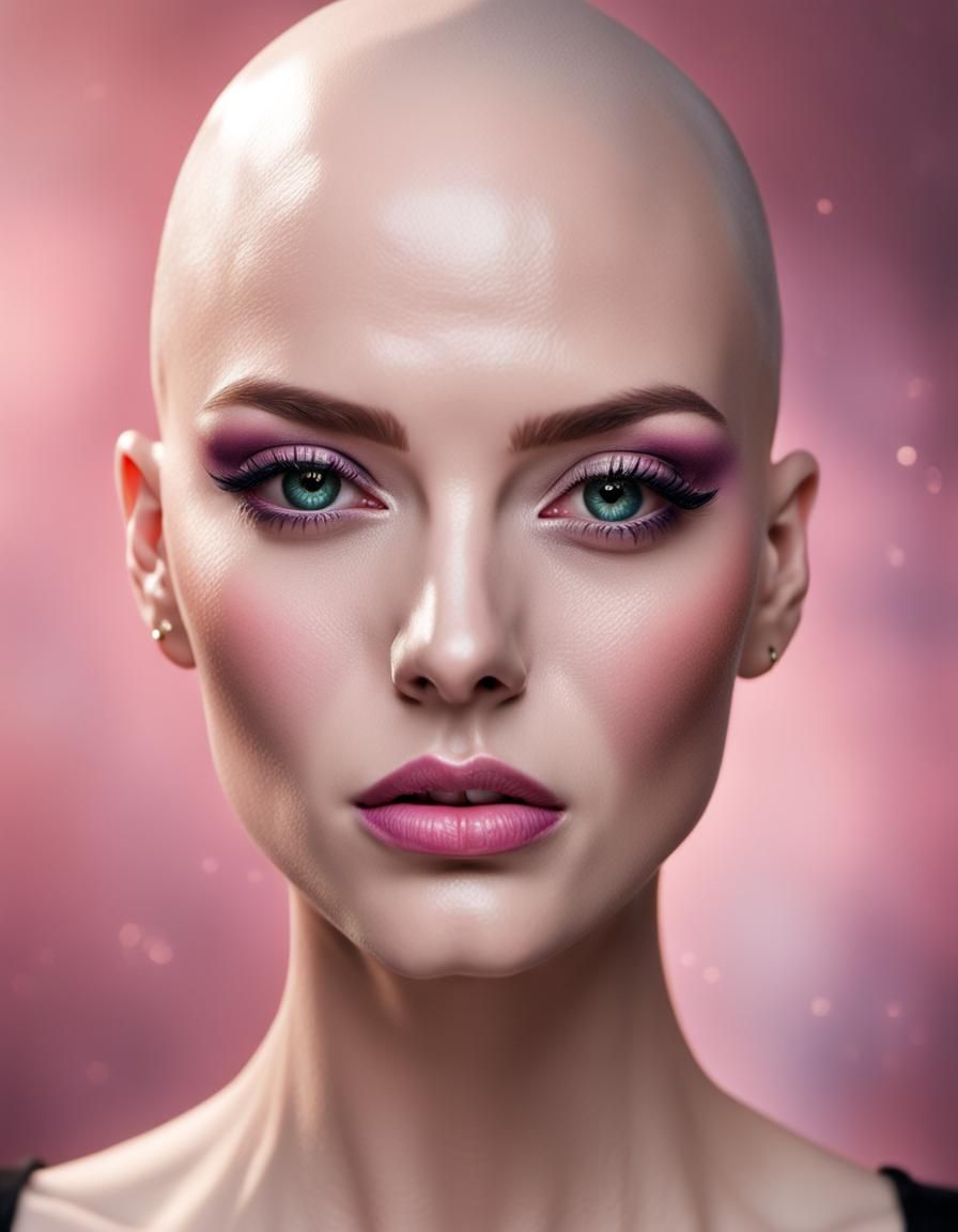 full face portrait of beautiful woman sensual pale skin bald head pink ...