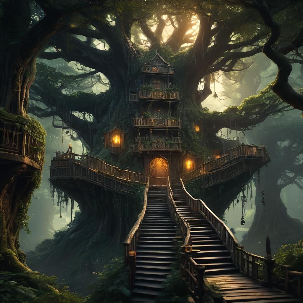 Mystical Treehouse Entrance with Glowing Runes