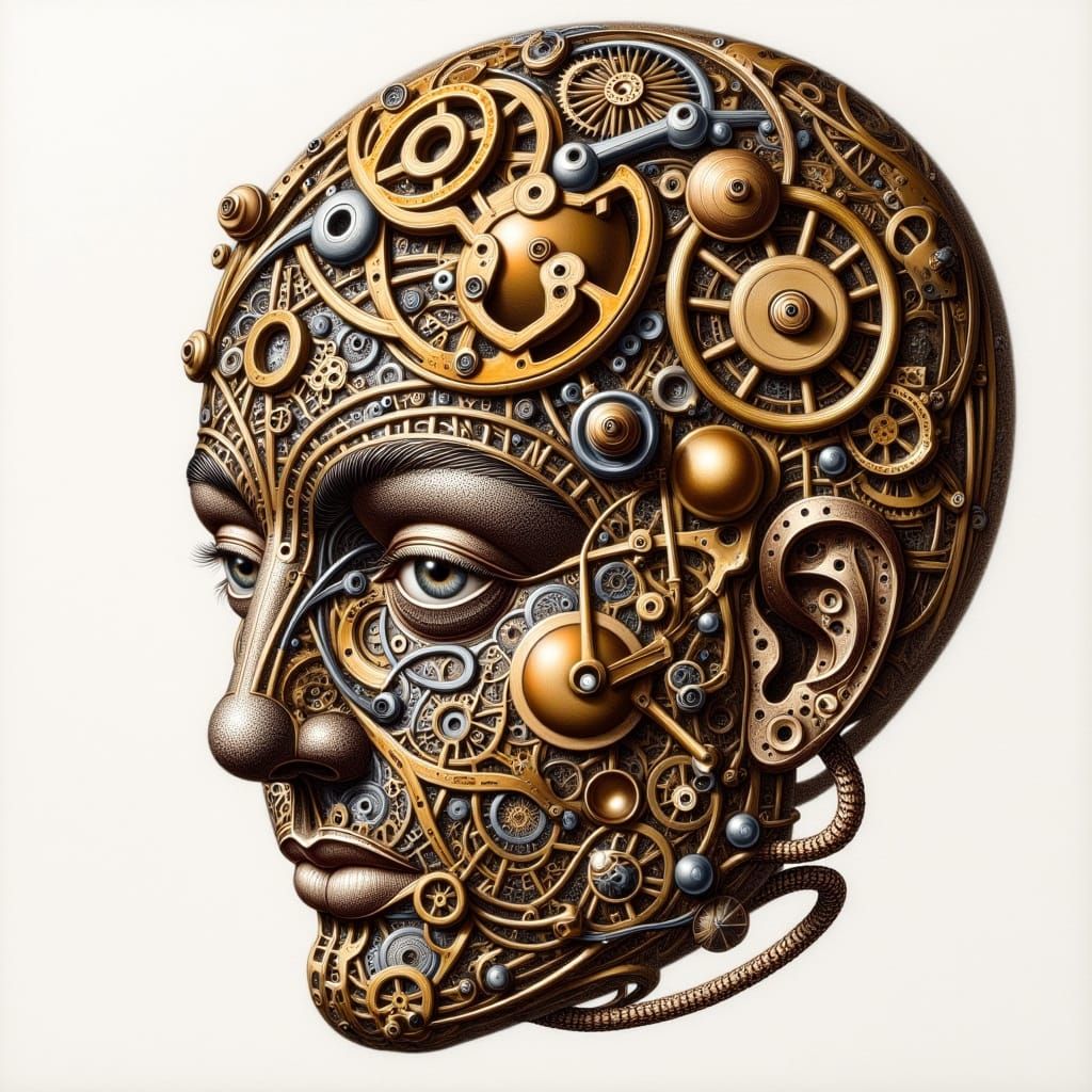 <lora:noddle:1.0> A face composed of a bronze springs and gears. A bright hyperrealistic drawing in the mannerist style. Anamorphosis, têtes...