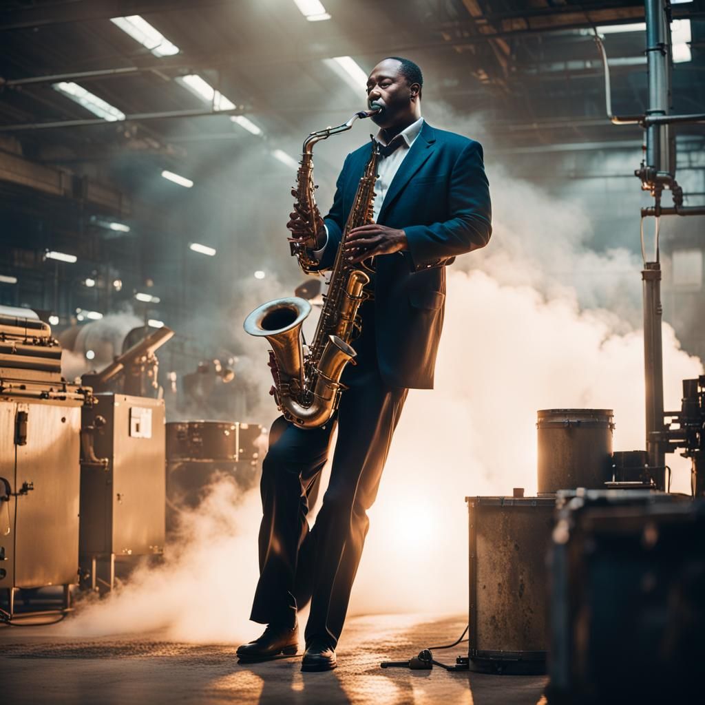 A jazz saxophonist playing in a manufacturing plant with steam all around him