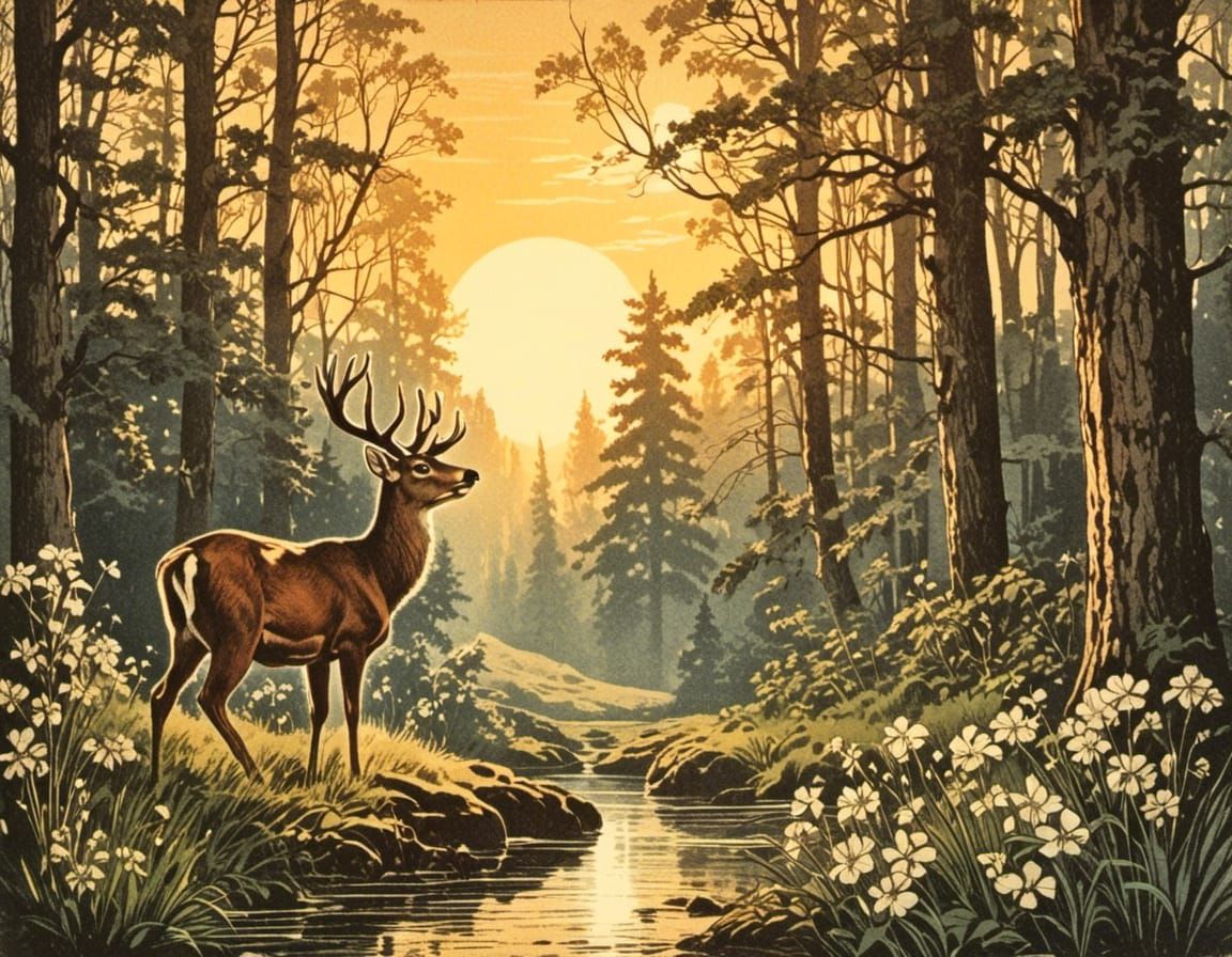Vintagetuned illustration of a deer in forest landscape.