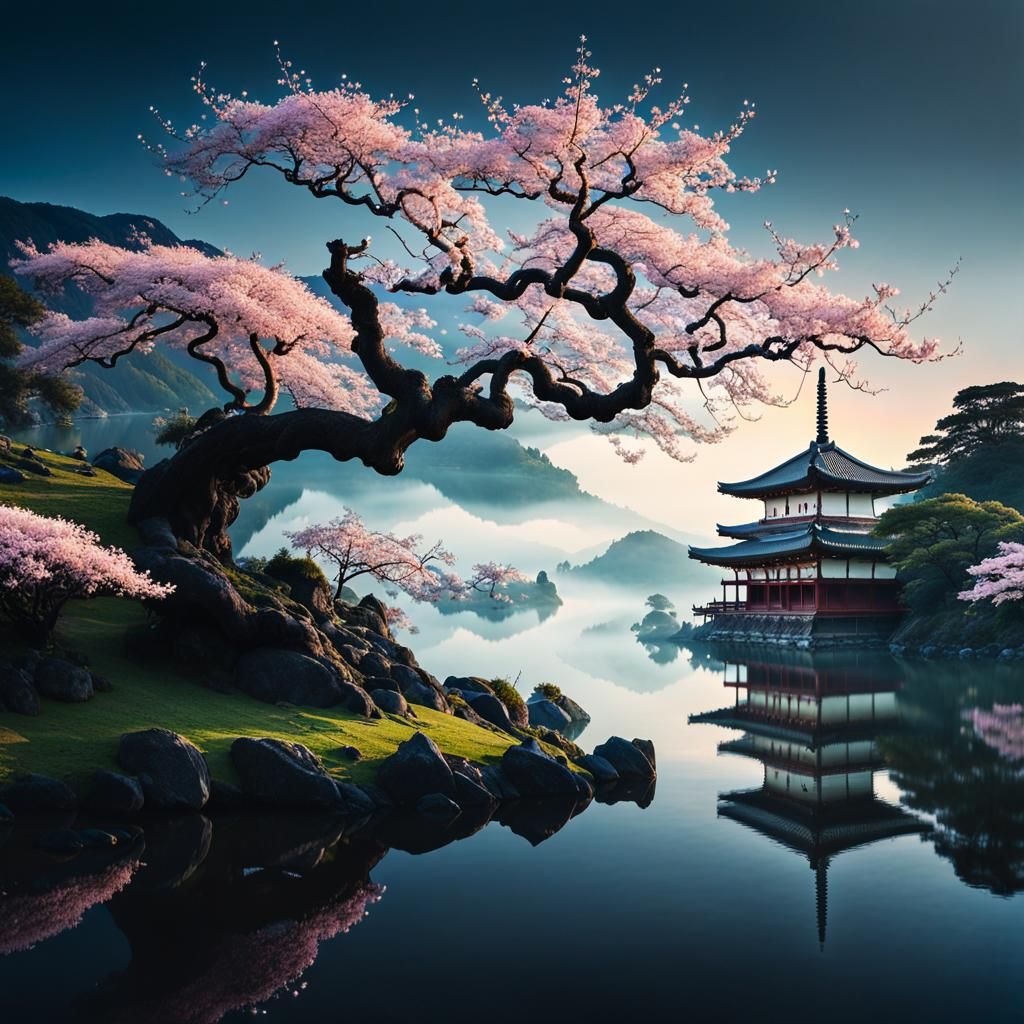 A tranquil, centuries-old sakura tree, its gnarled branches adorned with delicate, pastel-hued blossoms, ...  by @Ishya