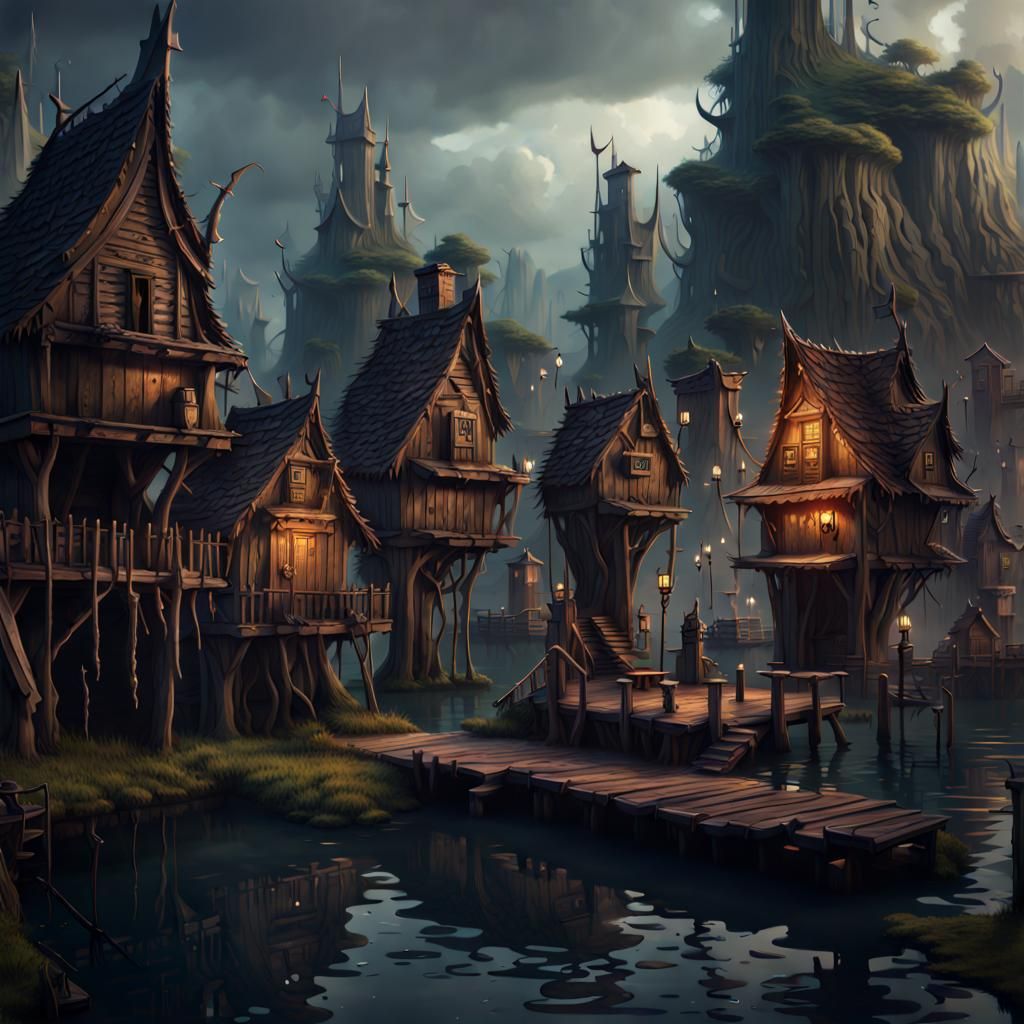 Detailed dark fantasy horror swampy landscape goblin town surrounded by ...