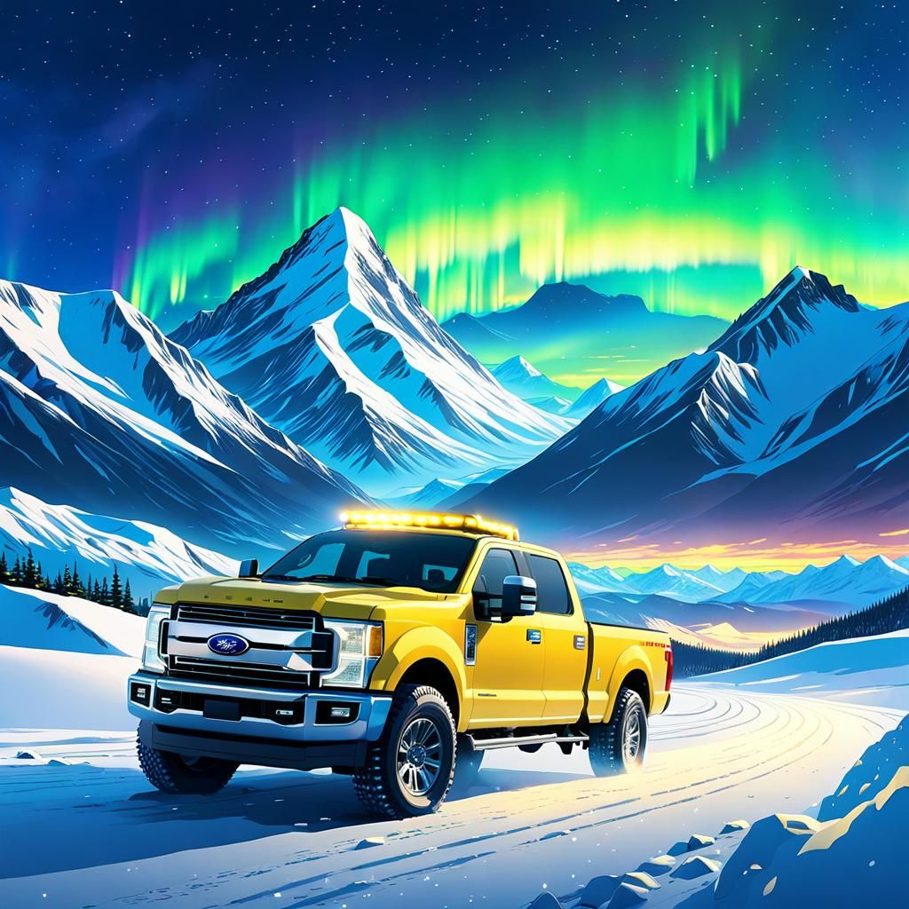 Artic expedition Ford F-250, snowcapped mountains in backgro...
