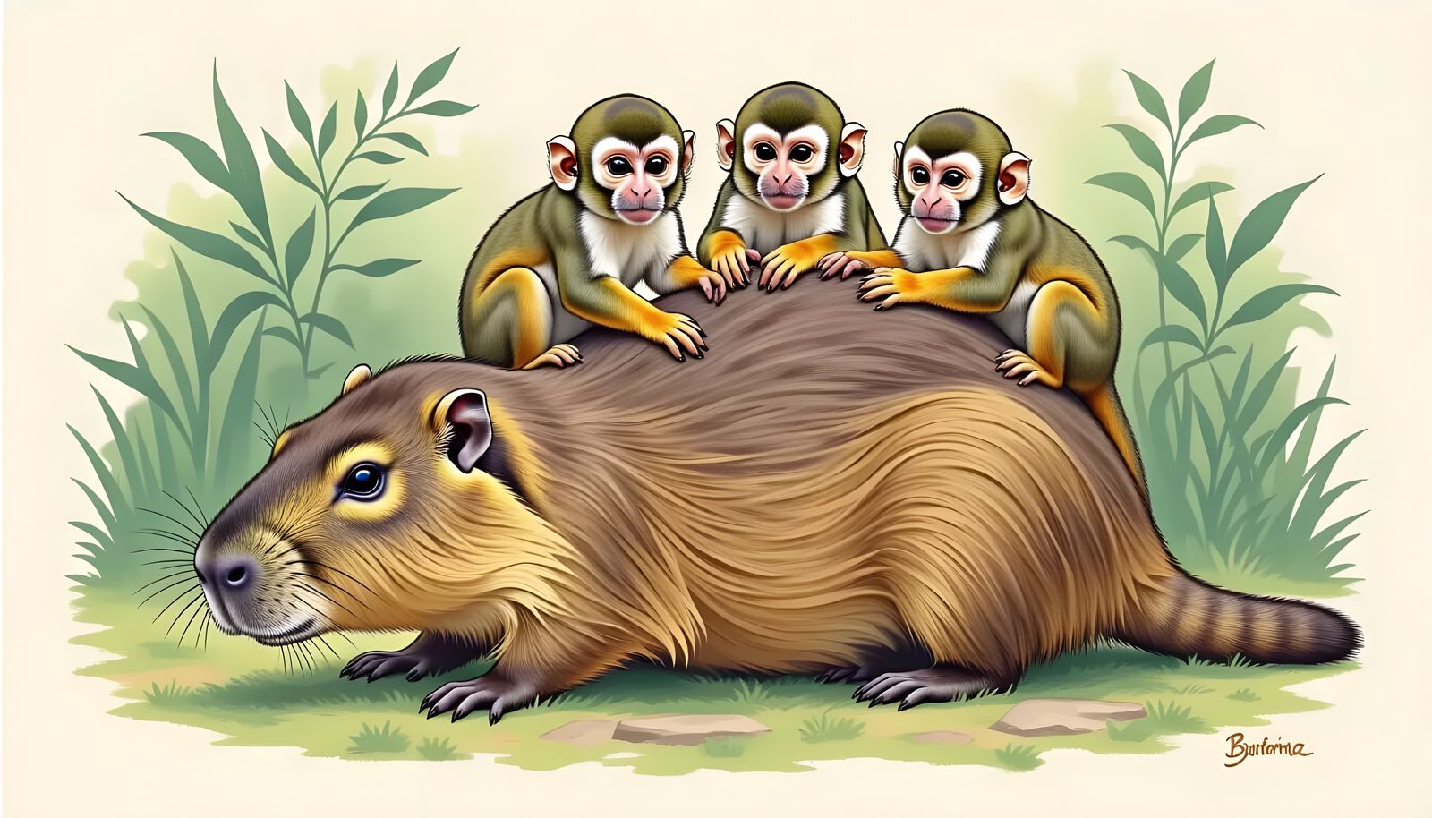 Capybara and Squirrel monkey friends  by @Gary Murakami