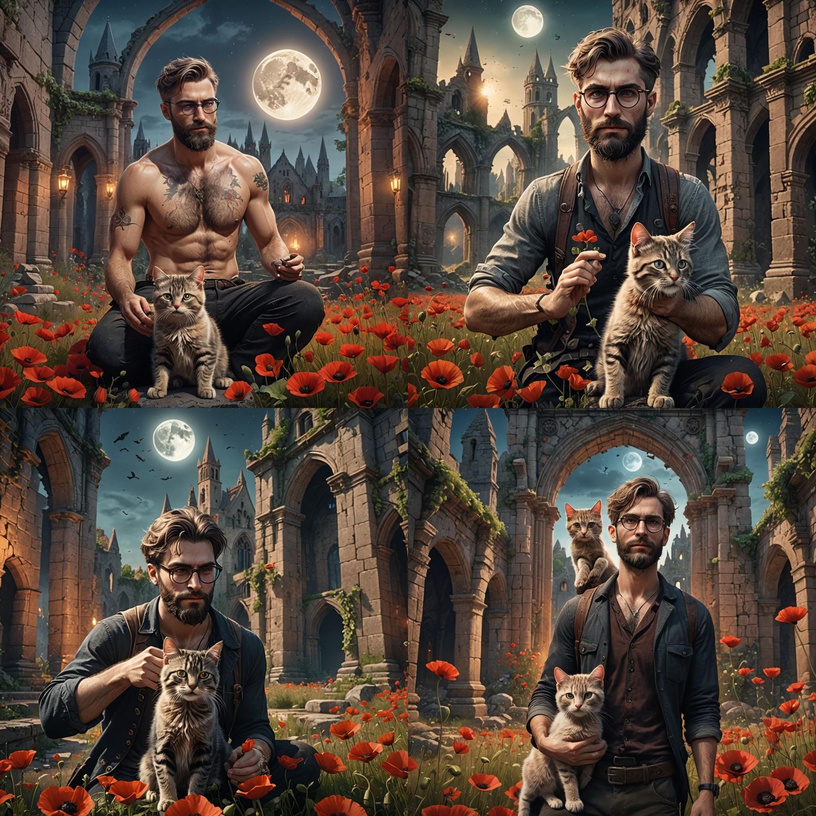 Man, Kitten, and Gothic Ruins: Fantasy Concept Art