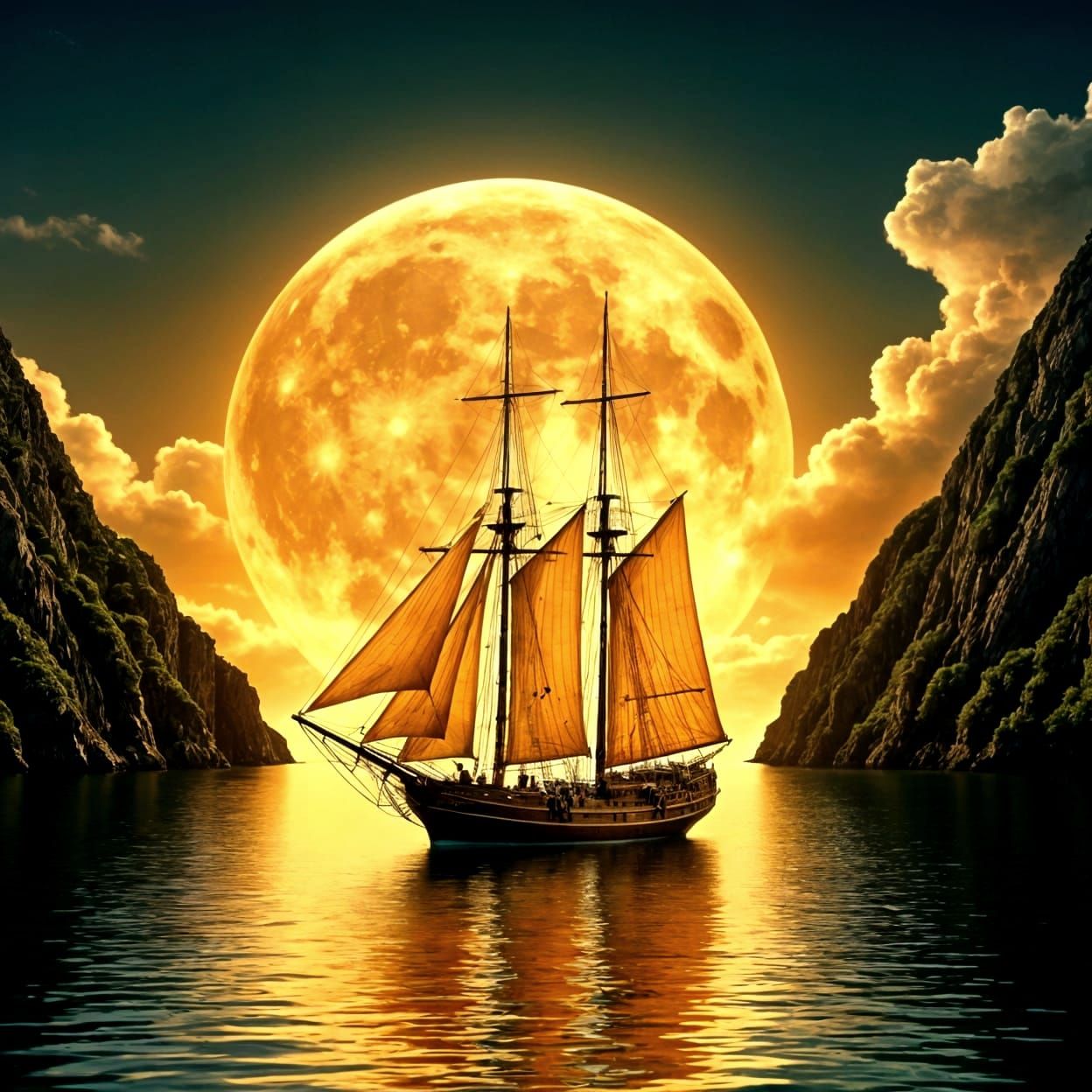  sailing ship under a golden moon  by @Nathalie 
