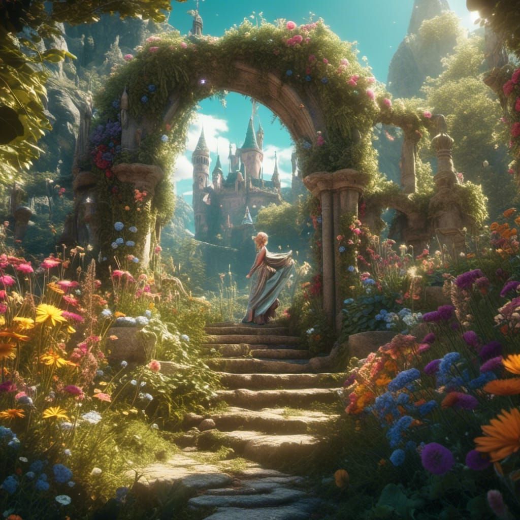 <lora:Illuminated:1.0> Young fairy playing in fairy village, sunny day, flowers and herbs growing, ethereal, fairytale, high detail, 24K res...