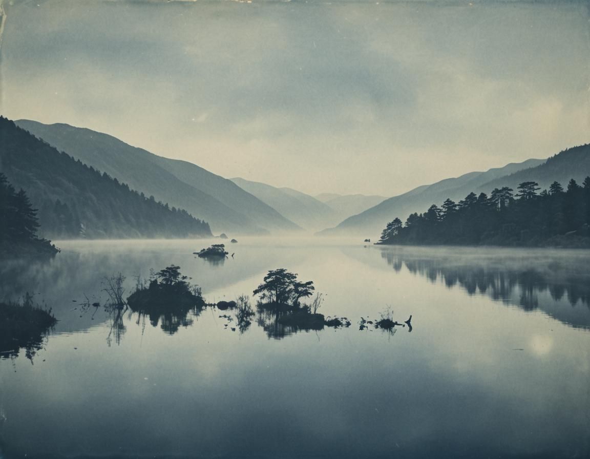 Ethereal Cyanotype Landscapes Loch Ness Monster Lake Fog Fil...