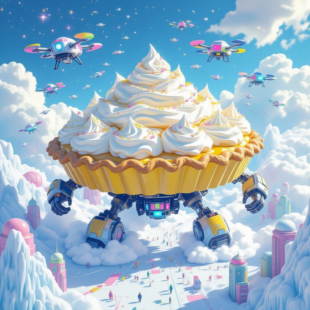 Digital painting. A colossal lemon meringue pie mech battles a swarm of candy-colored drones above a dreamscape city. The sky glows with cot...