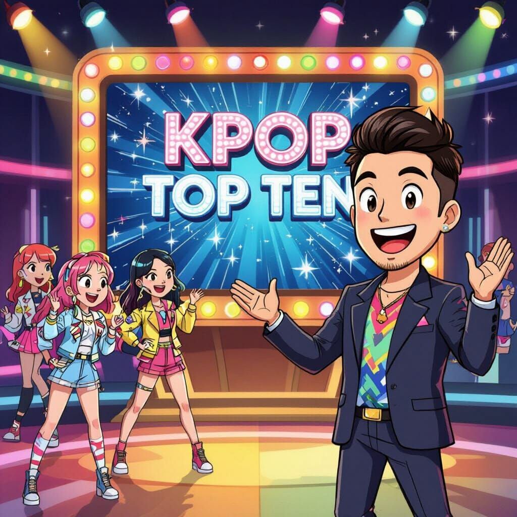 A vibrant game show set with a large screen displaying 'KPOP Top Ten,' excited contestants, and a charismatic host, all rendered in a lively...