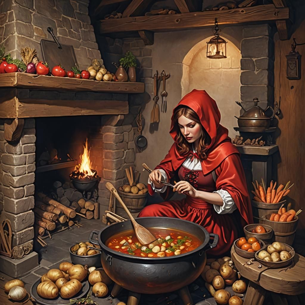 A Dark, hyperrealistic, Voluptuously sensual Red Riding Hood...