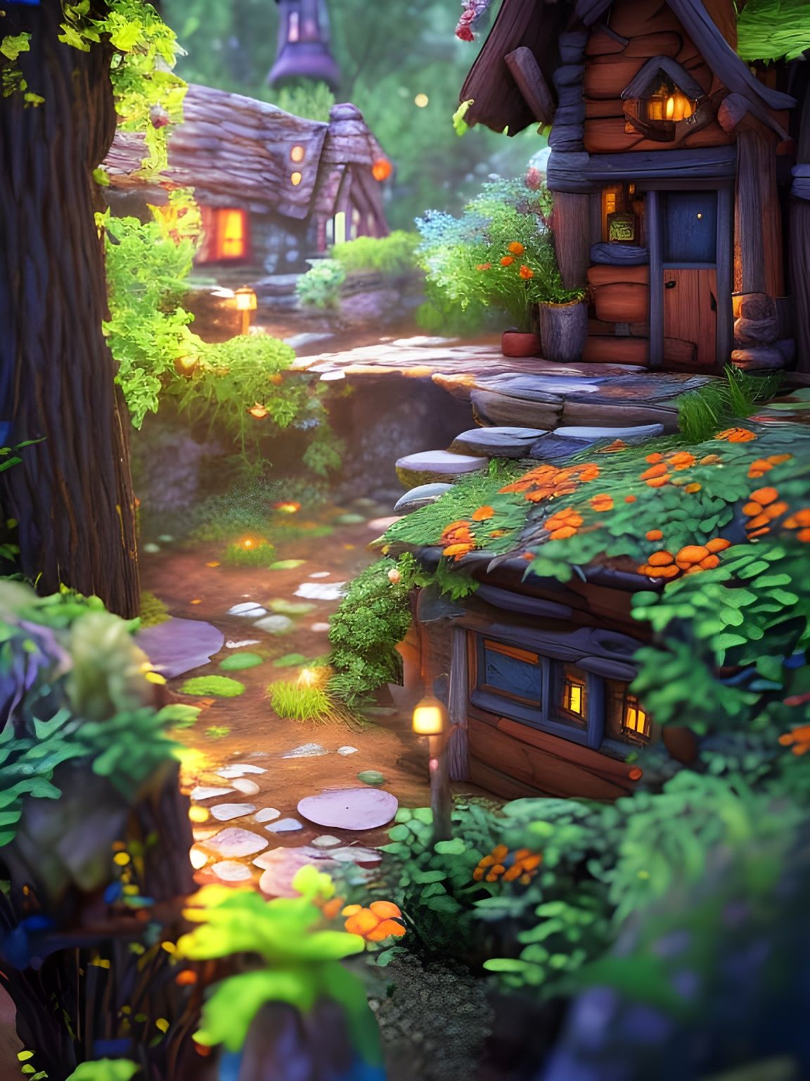 Deep depth of field, little faerie house, detailed illustration, deep