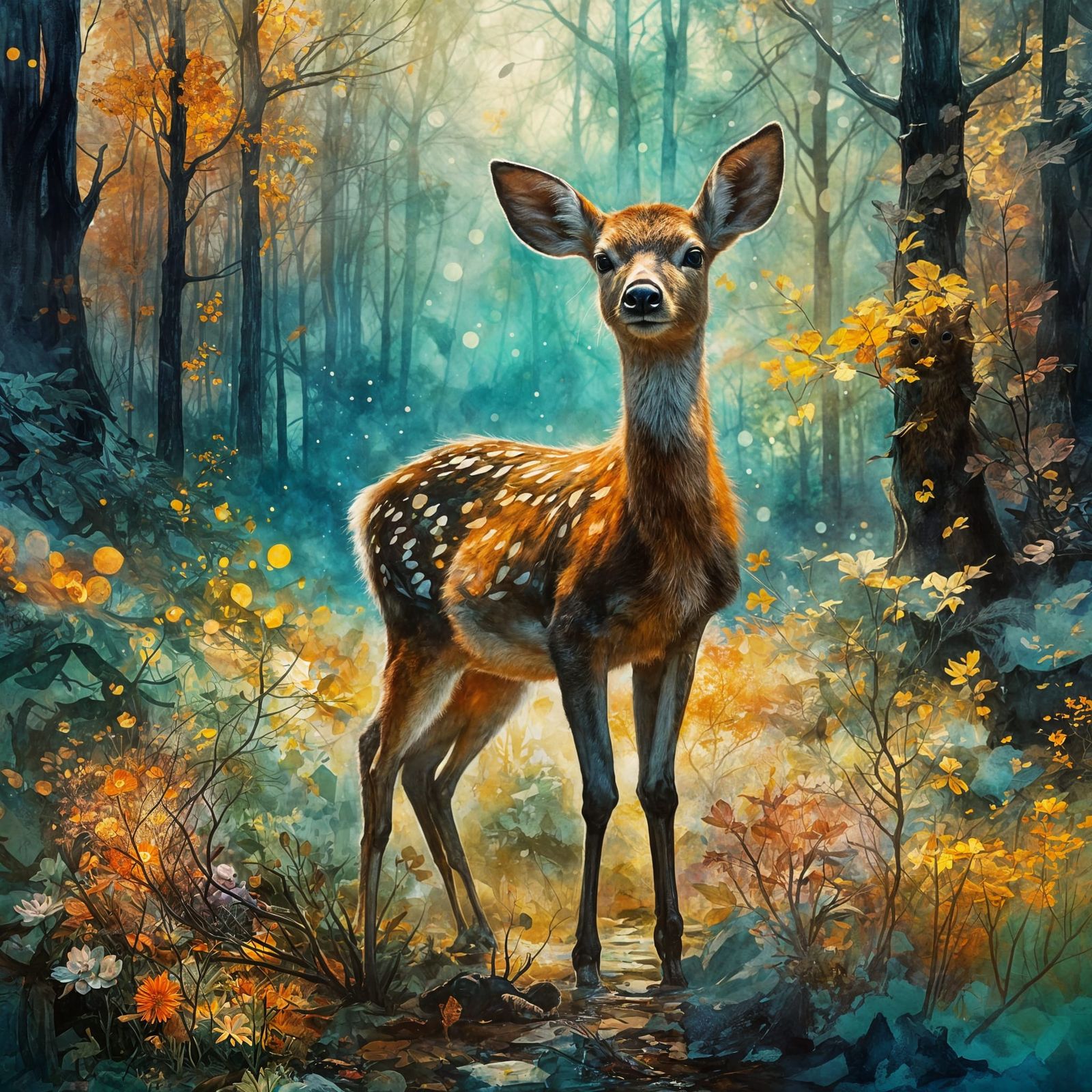 Baby Deer in Vibrant Forest: A Futuristic Nature Scene