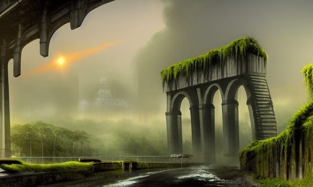 ancient ruins of a modern city, destroyed highway bridge ove...